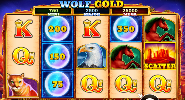 Wolf Gold paytable screen — game rules page showing symbol payouts for bison, eagle, puma, horse and card symbols