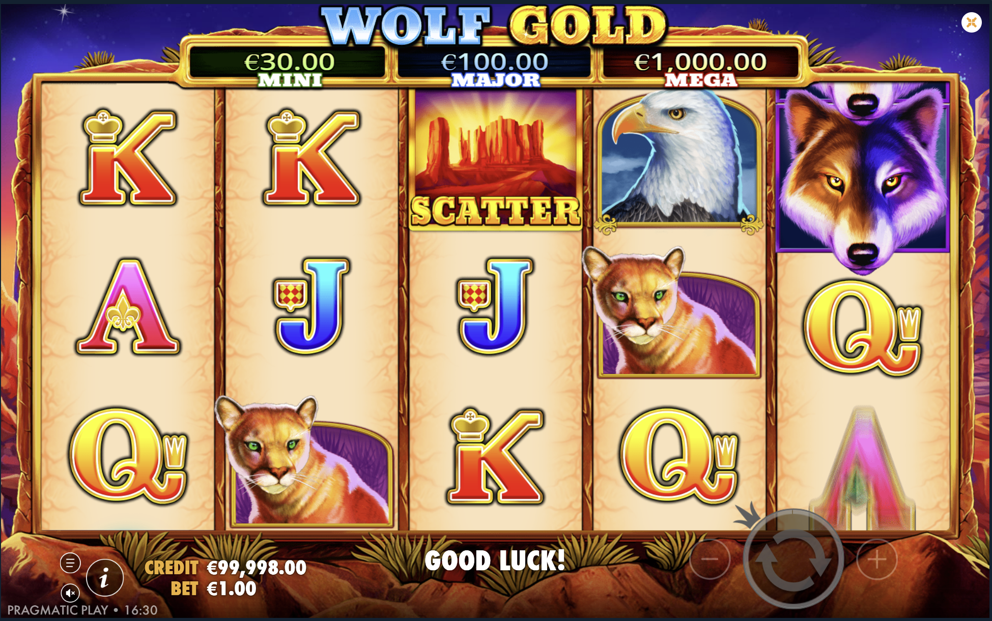 Wolf Gold gameplay screen — base game layout with jackpot meters (Mini, Major, Mega) and active paylines