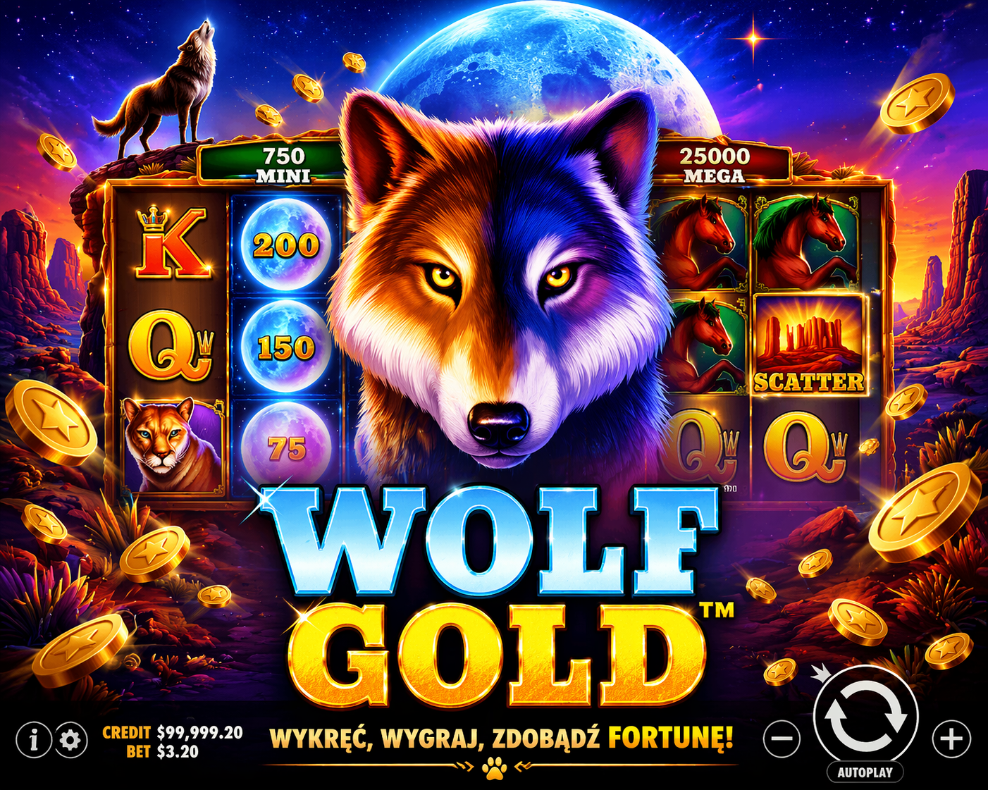 Wolf Gold promotional banner — wide format game artwork showing wolf howling at moon with canyon rock formations and jackpot branding